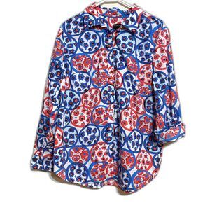 Talbots Women's Floral Button down Large 100% Cotton Red Blue Roll up Sleeve